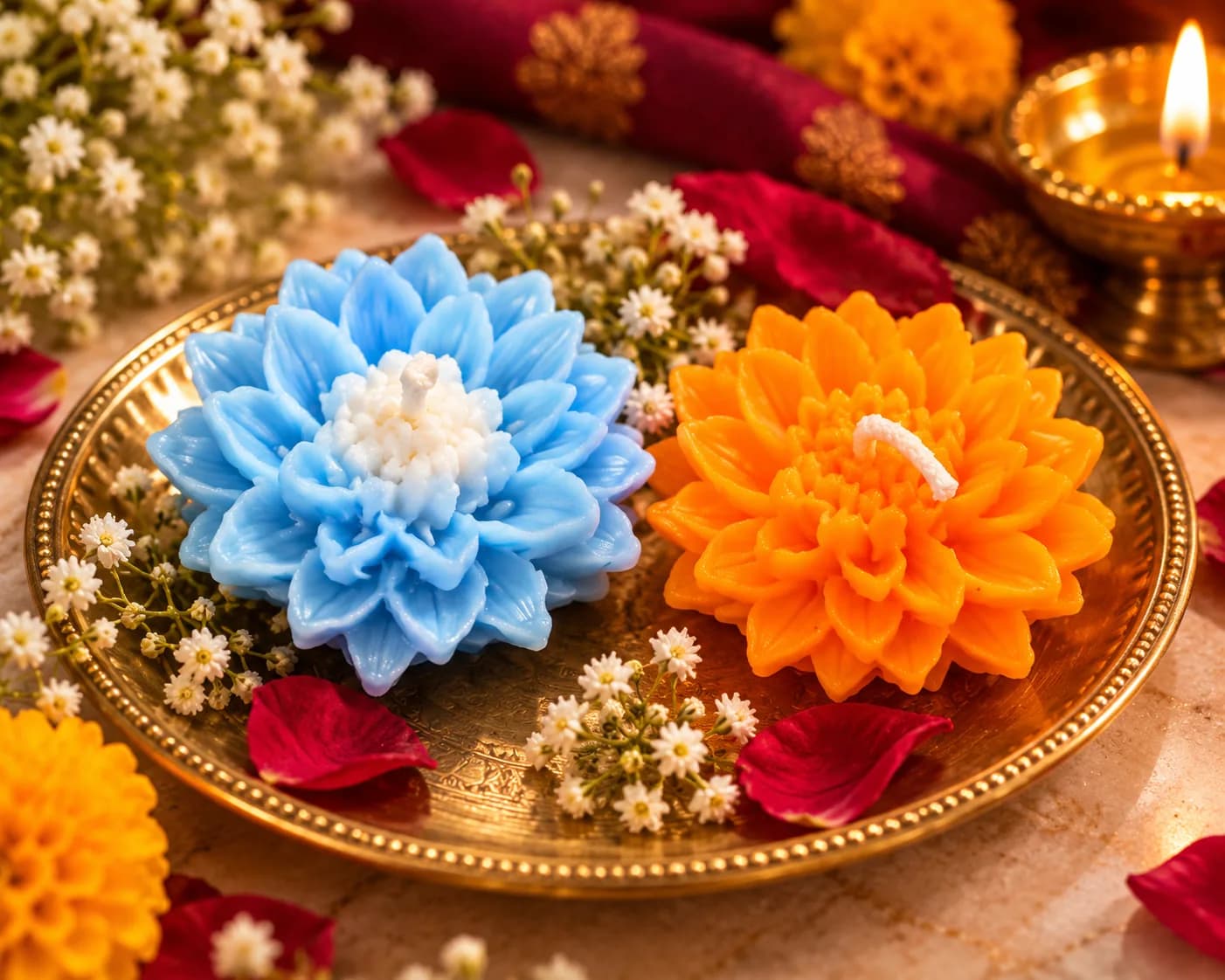 Festive flower candles on a brass thali